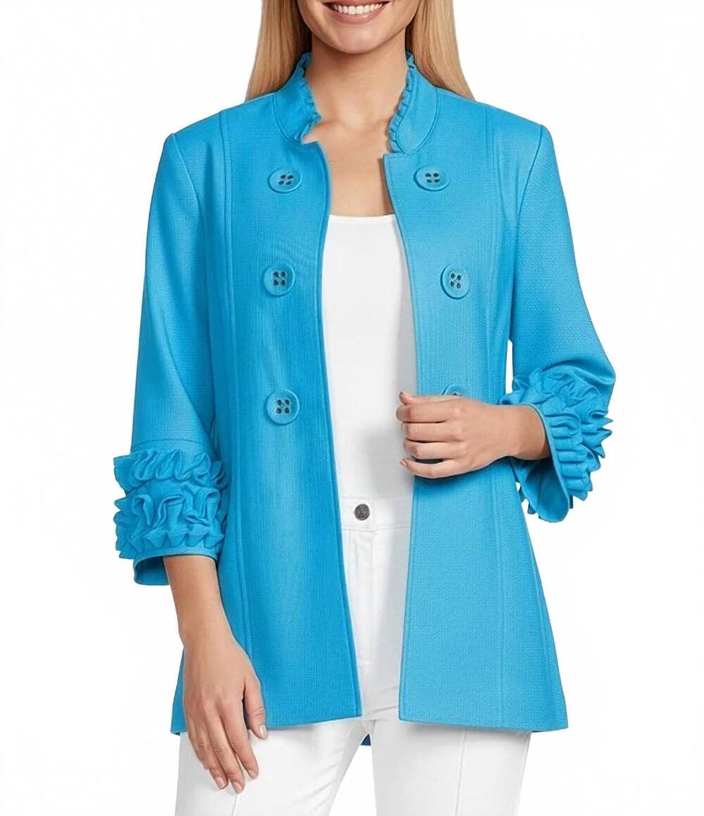NEW MULTIPLES 3/4 sleeve stand collar double button jacket in vivid torquoise